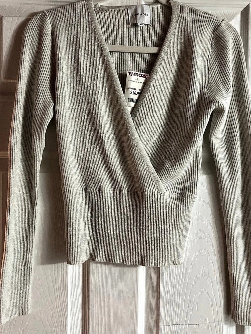 Pink Rose Silver Shimmer Ribbed Wrap Sweater White Size Medium